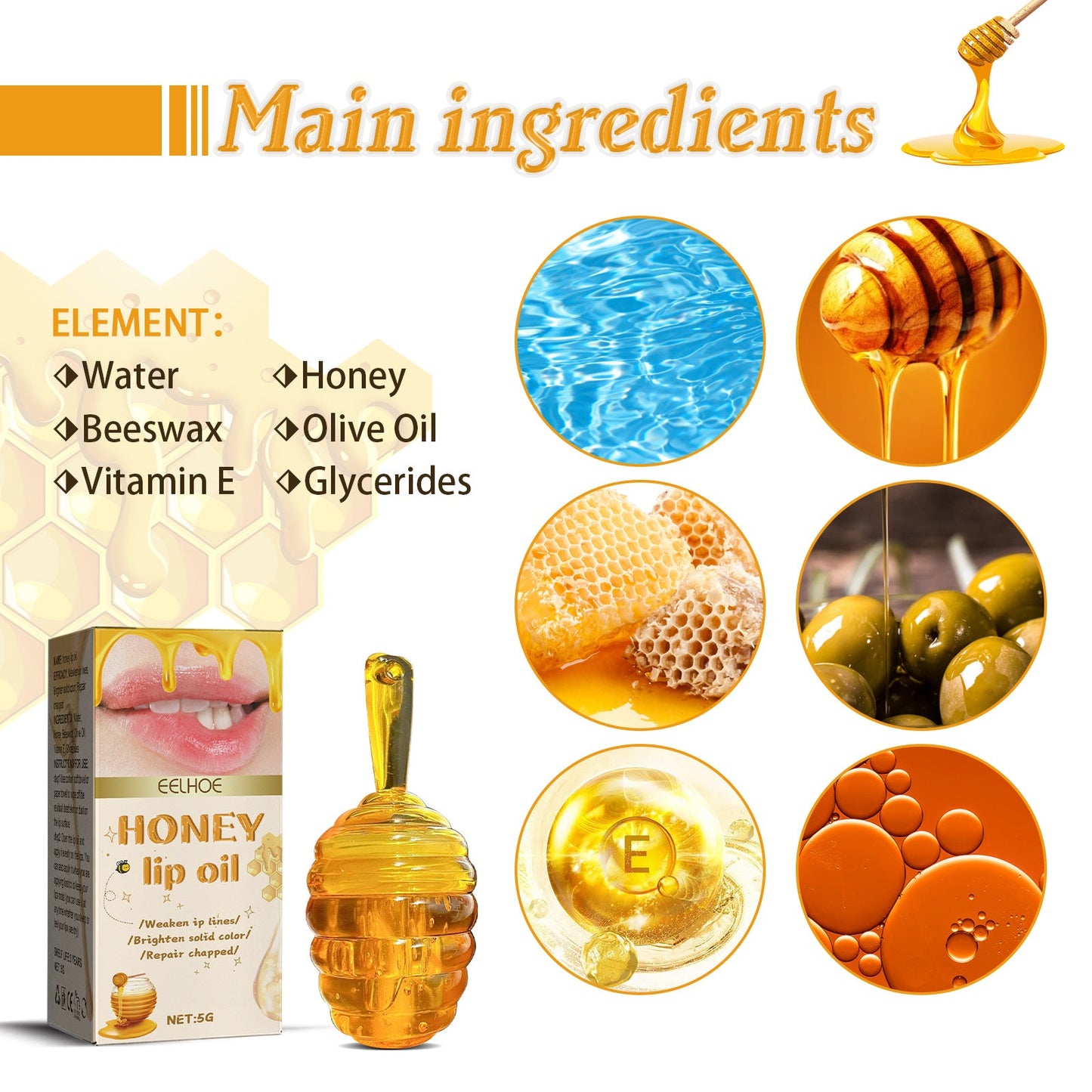 Aceite de Labios de Miel EELHOE, Reduce Líneas de Expresión, Previene el Agrietamiento y la Descamación, Aceite Hidratante para el Cuidado de los Labios